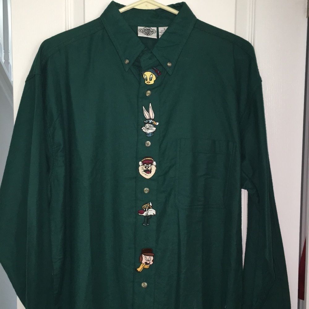 Green Cartoon Character Button-Up Shirt